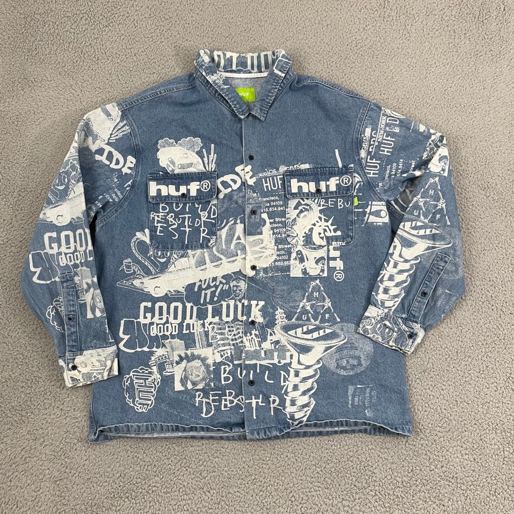 HUF Worldwide Twenty Denim Shacket 2XL Blue All Over Print Button Down Overshirt